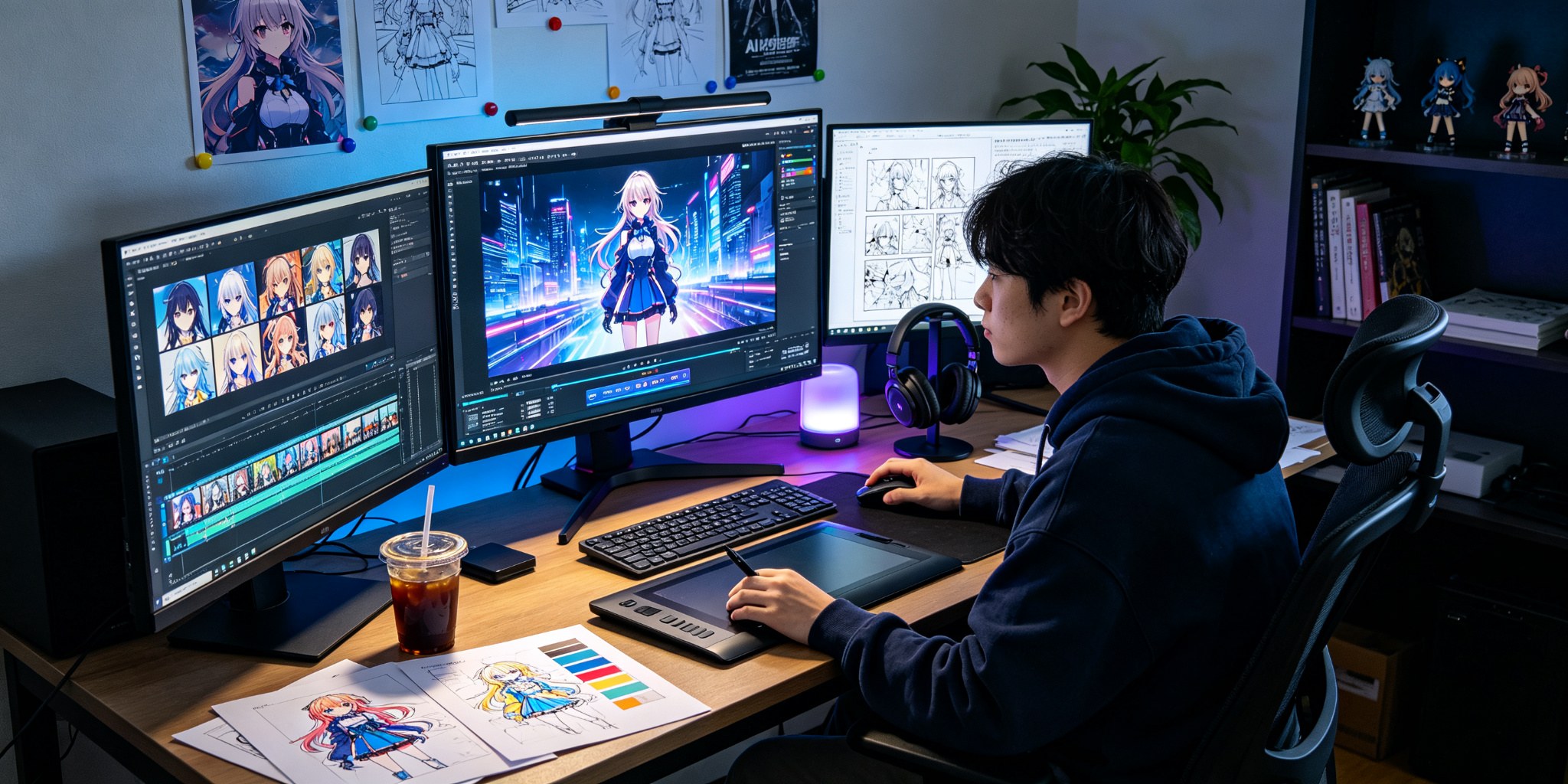 AI 漫剧创作者在双屏工作站前绘制动漫分镜与角色设定